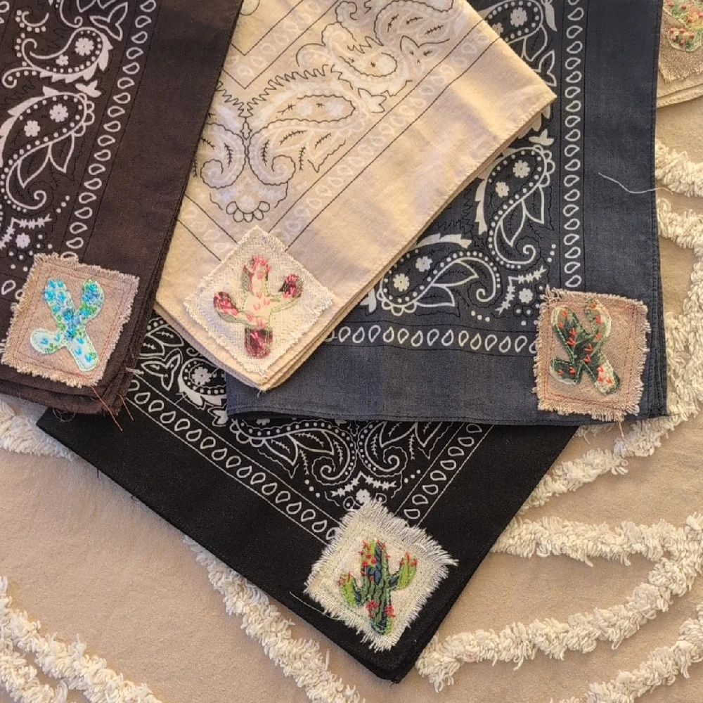 Bandana scarf w cactus, upcycled, embroidery cactus patch, Pick 1 HANDMADE ITEM - Picture 2 of 16